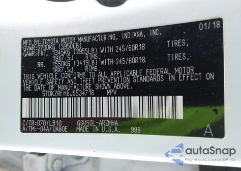 2018 Toyota Highlander Xle из США, поврежденный, VIN 5TDKZRFH6JS534716